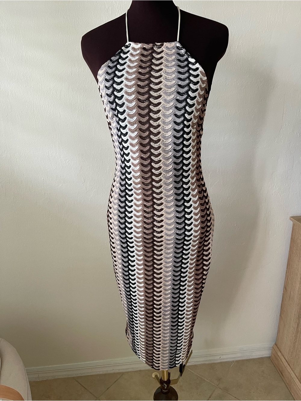 Cider Halter Knit Midi Dress in Black, Brown, Cream Stripes small open back - Picture 2 of 4